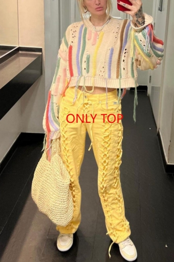 exquisite slight stretch ribbed knit multicolor stripe crew neck sweaters