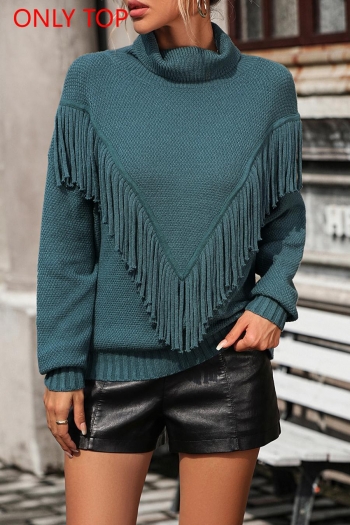 stylish slight stretch knitted turtleneck tassel all-match sweater(only top)