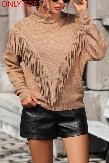 stylish slight stretch knitted 4 colors turtleneck tassel sweater(only top)
