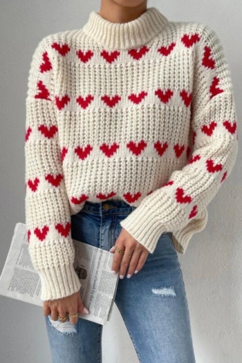 casual slight stretch heart jacquard ribbed knit sweater