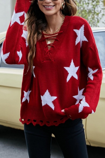 stylish slight stretch pentagram graphic knitted 2 colors v-neck lace-up sweater