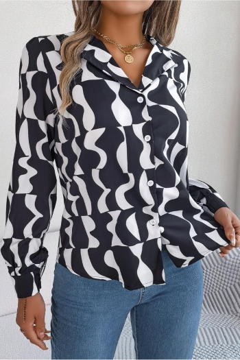stylish non-stretch batch printing two colors suit collar long sleeve blouse
