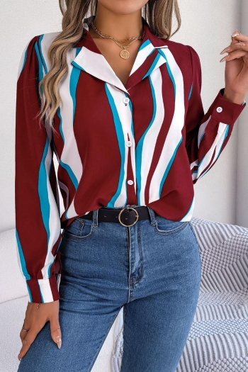 stylish non-stretch contrast color stripe printing suit collar all-match blouse