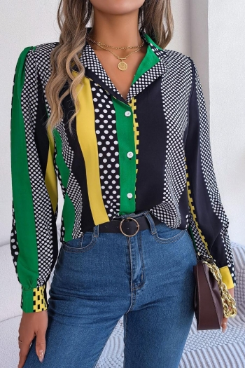 stylish non-stretch polka dot and stripe printing suit collar all-match blouse