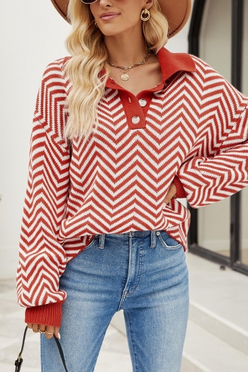 casual slight stretch stripe knitted turndown collar all-match sweater