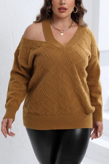 stylish plus size slight stretch knitted v-neck hollow all-match sweater
