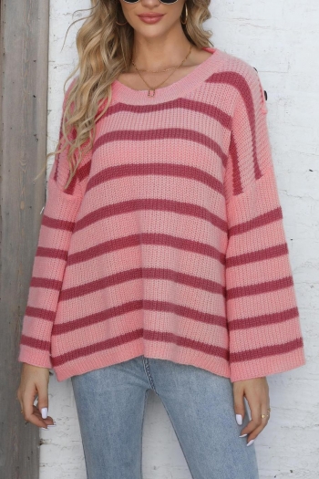 casual slight stretch stripe knitted 3 colors button decor loose sweater