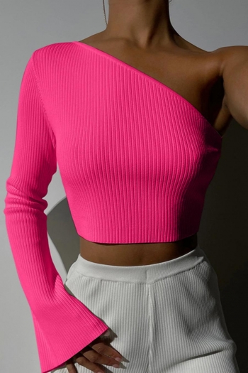 exquisite slight stretch solid color one-shoulder ribbed knit slim crop top