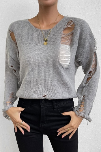exquisite slight stretch ribbed knit solid color hole sweater