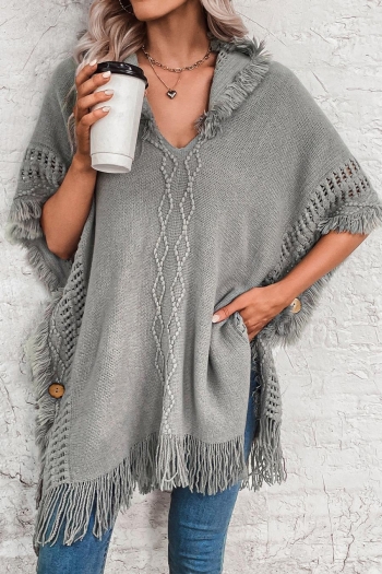 casual slight stretch ribbed knit tassels hooded sweater