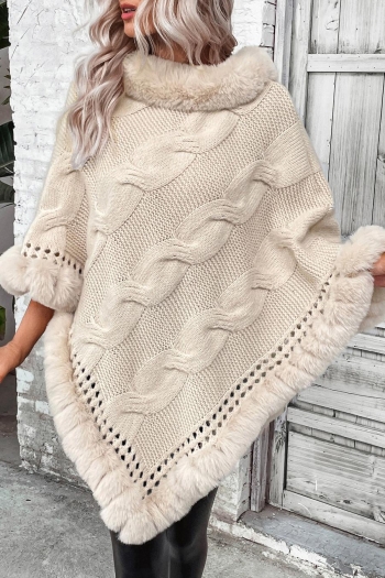 casual slight stretch ribbed knit fur collar sweater