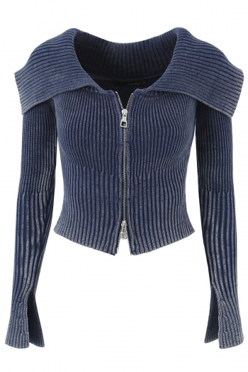 exquisite slight stretch knitted zip-up all-match crop sweater(size run small)