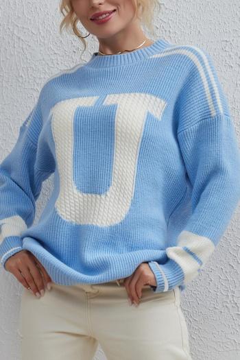 casual slight stretch contrast color letter ribbed knit crew neck sweater
