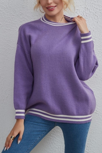 casual slight stretch ribbed knit contrast color stripe crew neck sweater