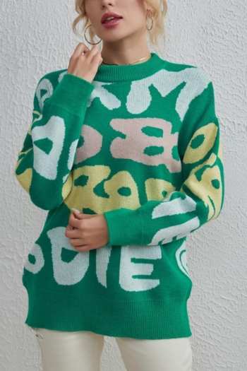 casual slight stretch letter jacquard ribbed knit contrast color sweater