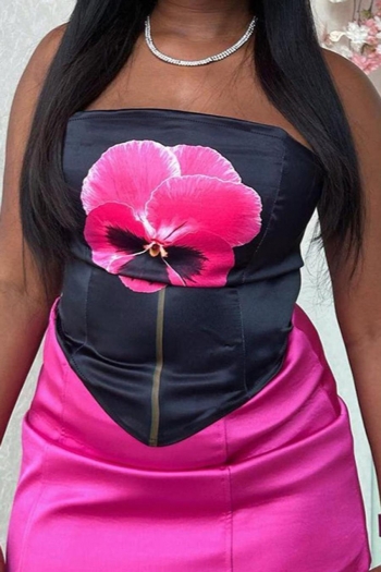 sexy slight stretch flower fixed printing zip-up all-match bandeau tank top