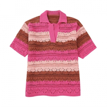exquisite slight stretch stripe cut out knitted short sleeve all-match sweater