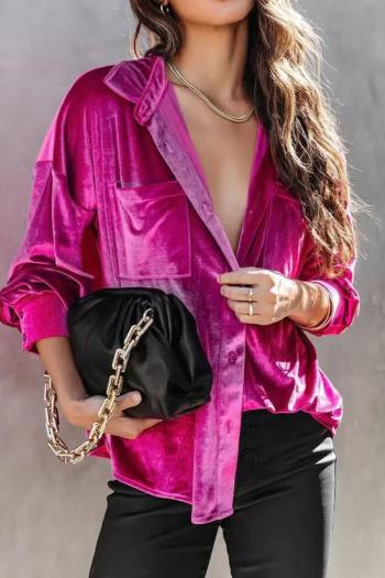 casual non-stretch solid color single breasted pocket loose velvet shirt