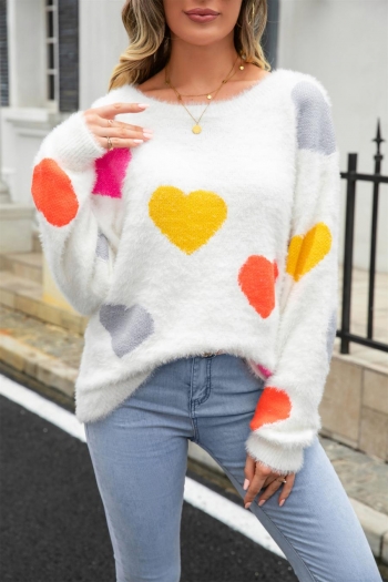 casual slight stretch heart graphic knitted 3 colors all-match fuzzy sweater