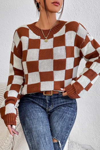 casual slight stretch checkered knitted loose all-match sweater
