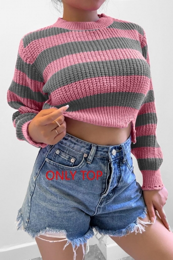 casual slight stretch stripe ribbed knit crew neck sweaters