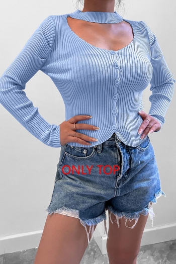 exquisite slight stretch ribbed knit solid color hollow button sweaters