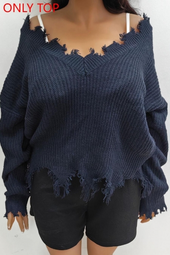 stylish plus size slight stretch knitted v-neck raw hem sweater(only sweater)