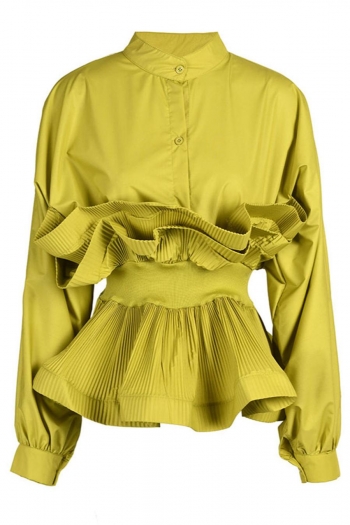 exquisite non-stretch solid color crew neck ruffle blouses size run small
