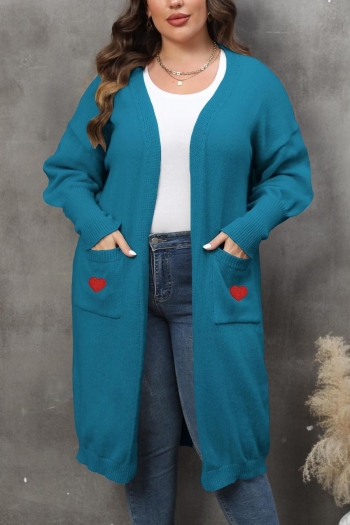 casual plus size slight stretch heart graphic knitted long cardigan sweater