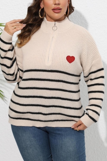 casual plus size slight stretch stripe knitted heart applique zip-up sweater