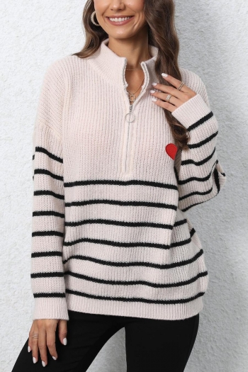 casual slight stretch stripe knitted heart graphic zip-up all-match sweater