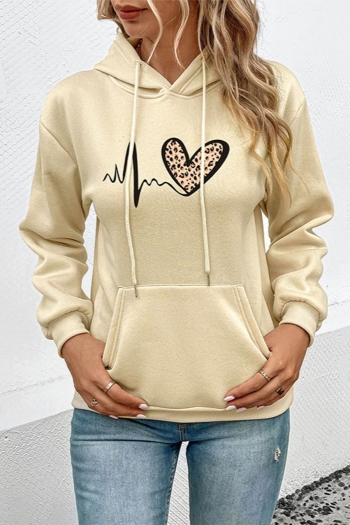 casual non-stretch heart printing pocket hooded sweatshirts