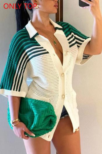stylish slight stretch stripe knitted short sleeve sweater(only sweater)