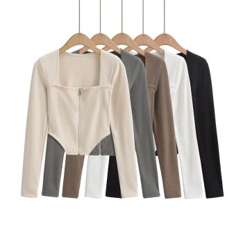 exquisite slight stretch 5 colors square-neck zip-up crop top(size run small)