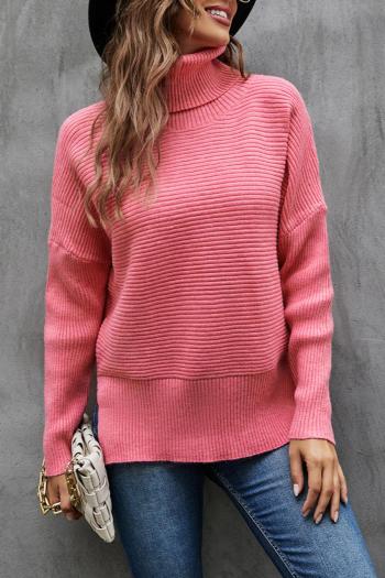 casual slight stretch solid color ribbed knit high collar sweaters