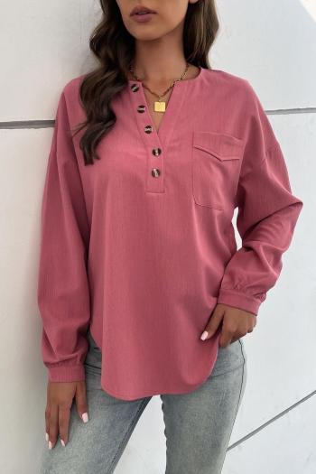 casual non-stretch solid color v-neck button blouses