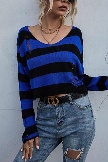 exquisite slight stretch hole stripe loose crop knit thin sweater