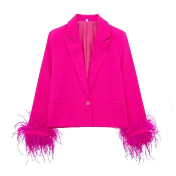 casual non-stretch solid color suit collar feather decor jacket size run small