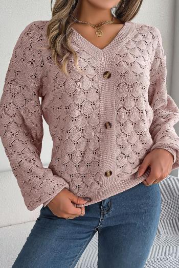 stylish slight stretch cut out knitted 3 colors v-neck button decor sweater