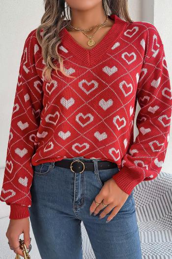 casual slight stretch heart graphic knitted 3 colors v-neck all-match sweater