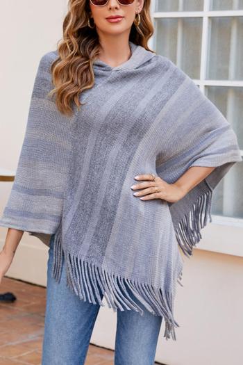 stylish slight stretch stripe knitted 5 colors hooded tassel shawl sweater