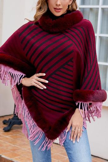stylish slight stretch stripe knitted 5 colors plush collar tassel shawl sweater