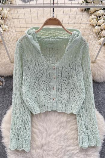 sexy slight stretch solid color hollow hooded knitted thin cardigan sweater