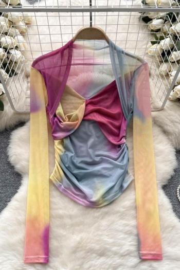 sexy slight stretch mesh see-through tie dye printing shirring slim kink top