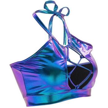 sexy slight stretch holographic unpadded halter-neck lace-up hollow crop tank top