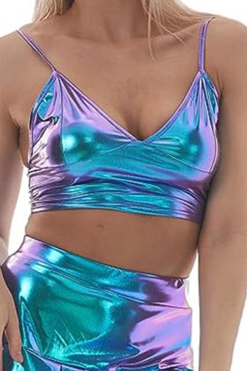 sexy slight stretch holographic unpadded backless sling crop tank top