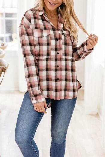 Casual plus size non-stretch pocket single breasted plaid printed loose shirt