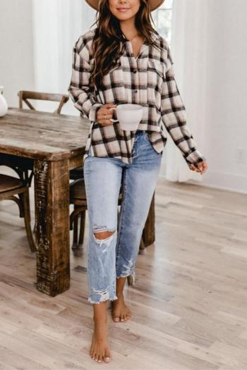 Casual plus size non-stretch pocket single breasted plaid printed loose shirt#1