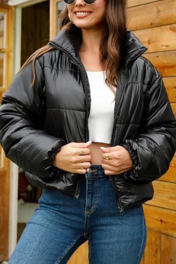 stylish plus size non-stretch pure color zip-up all-match puffer jacket