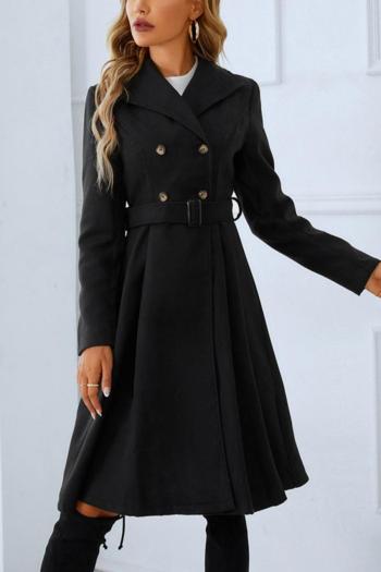 stylish non-stretch woolen pure color double-breasted with belt coat